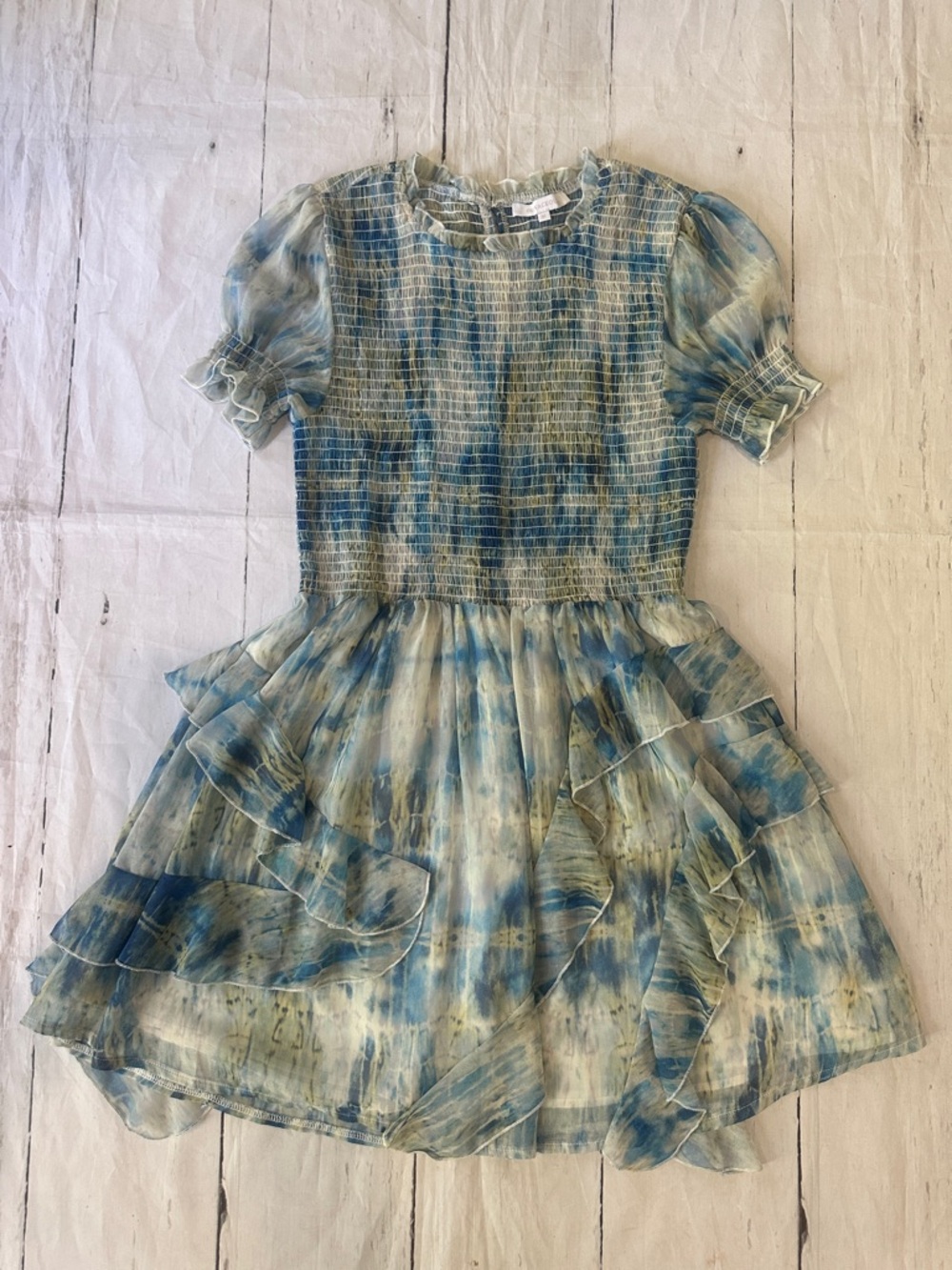 Olivaceous Blue and Green Ruffle Smocked Dress medium